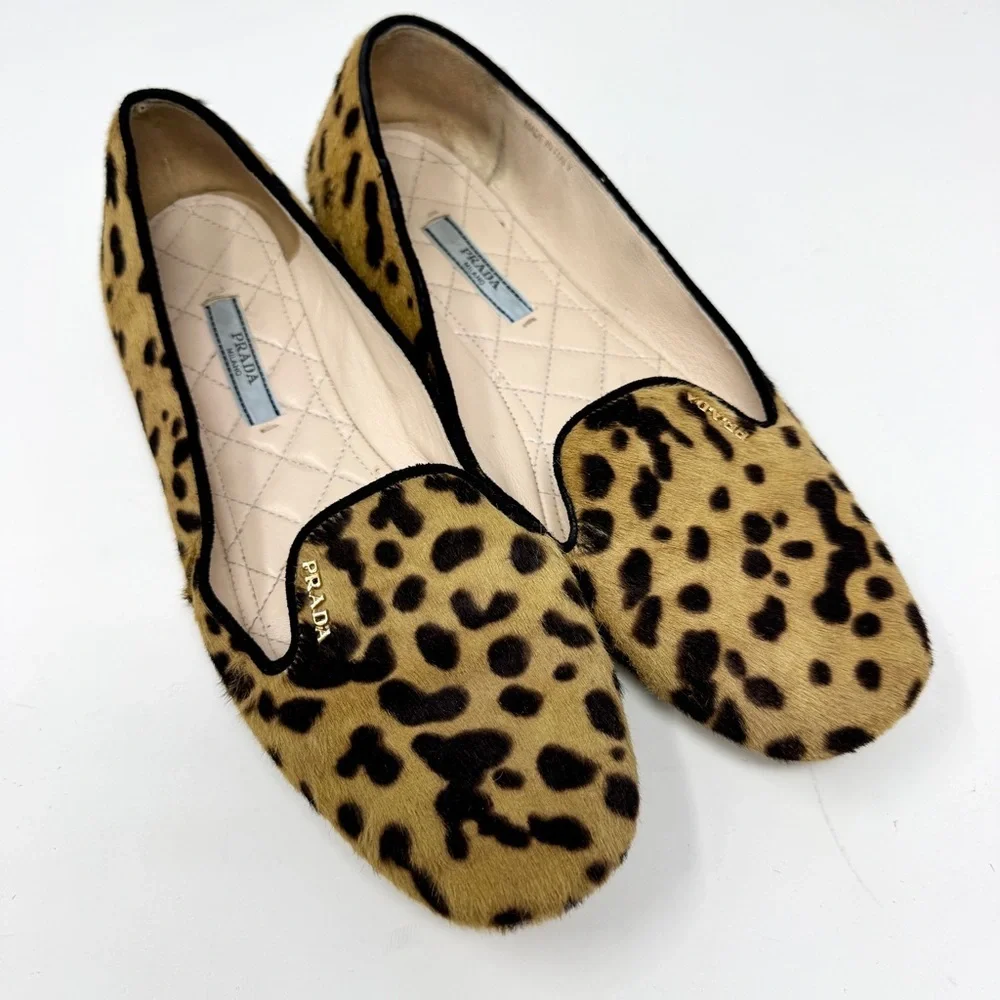 Prada Brown Black Pony Hair Leather Cheetah Print Loafer Flats